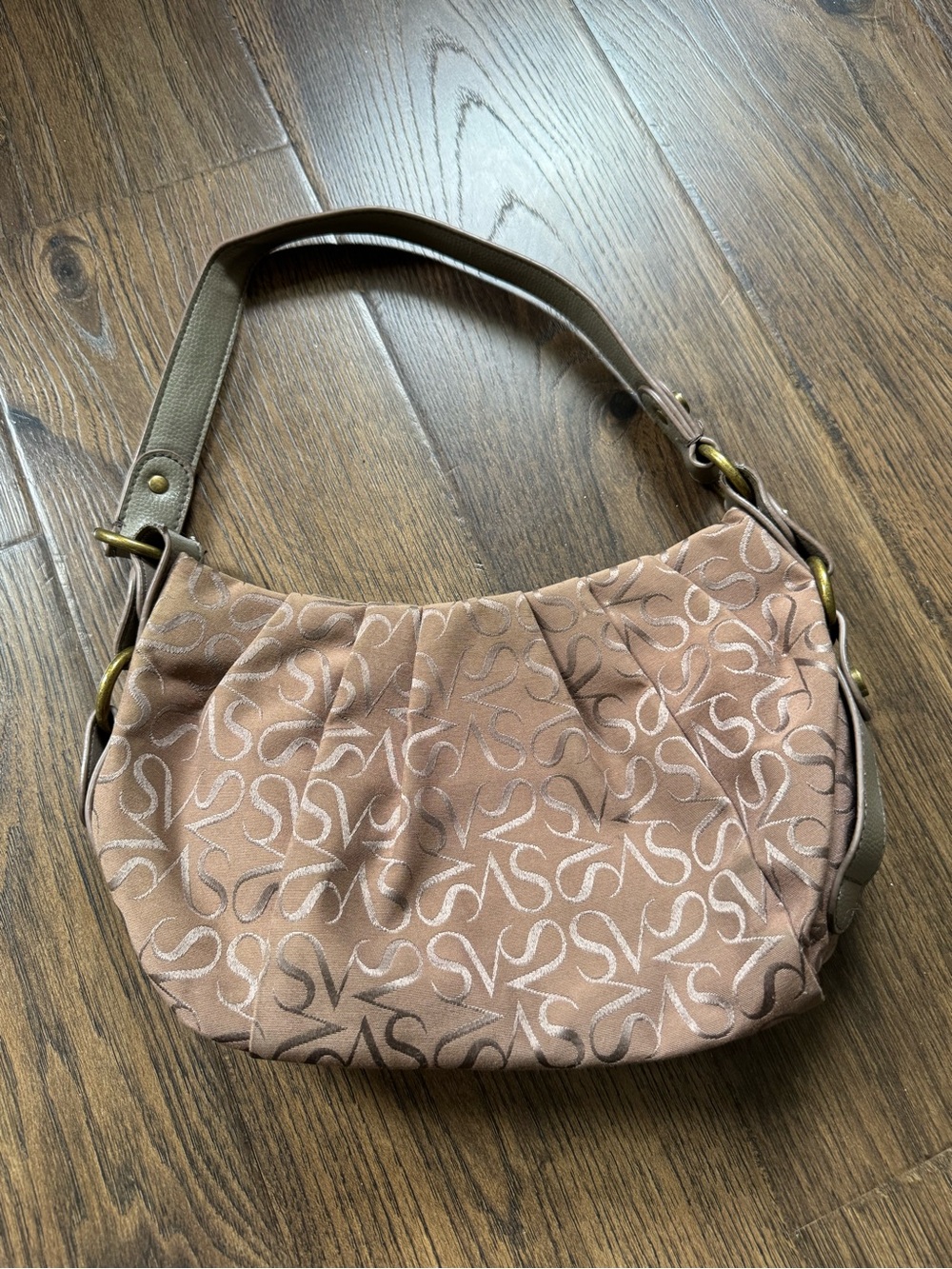 Vera Wang Tan Signature Print Pleated Shoulder Bag